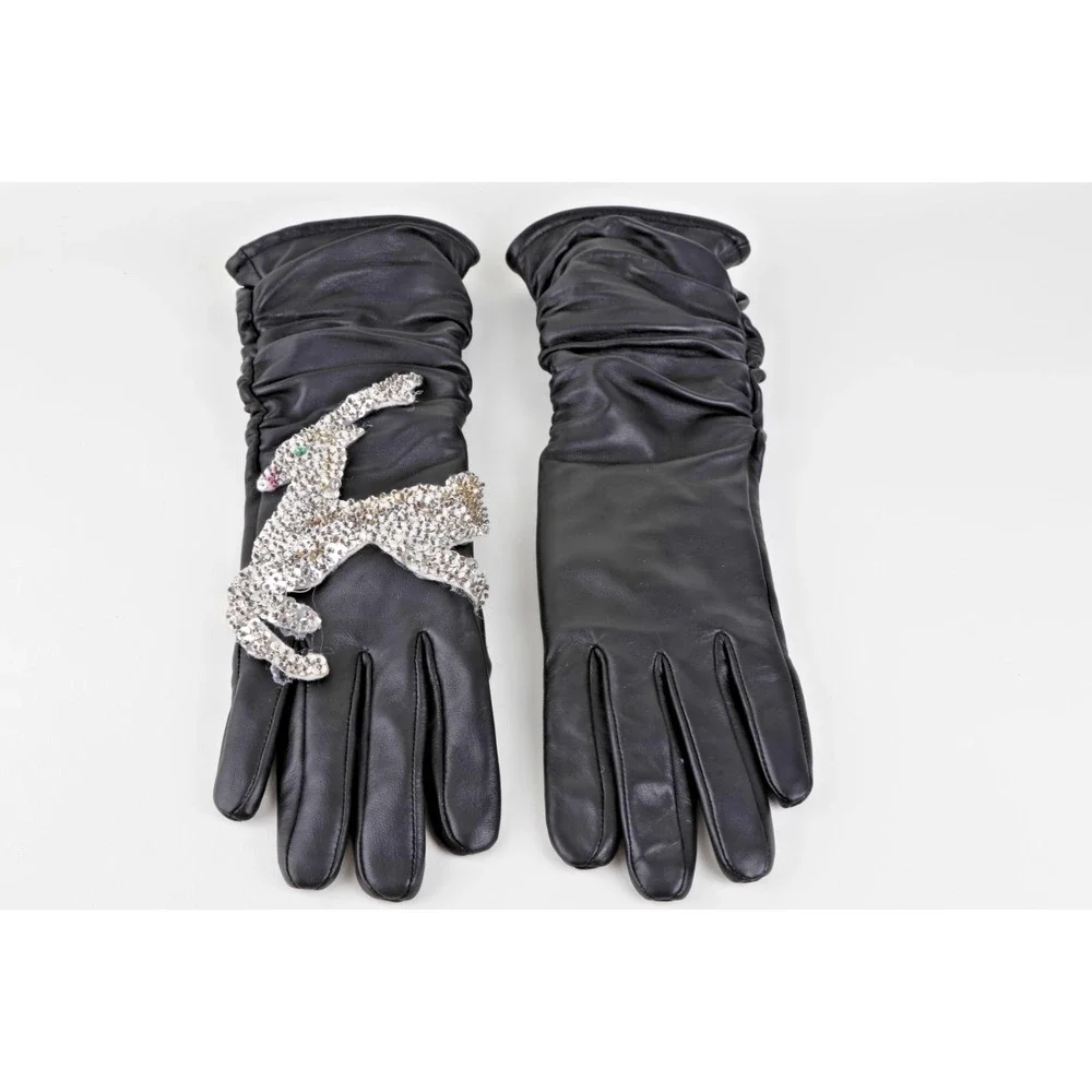 Vintage Black Leather Slouch Gloves Silver Sequin Cashmere Lined Size M / L